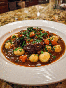 Beef bourguignon with pearl onions and carrots in rich red wine sauce