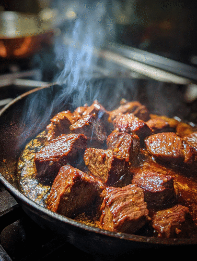 Beef Stew Recipe Searing beef chunks for stew recipe in cast iron pot