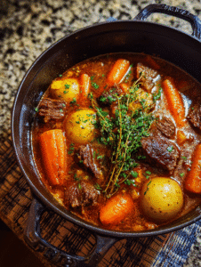 Beef stew recipe in cast iron pot with carrots and potatoes