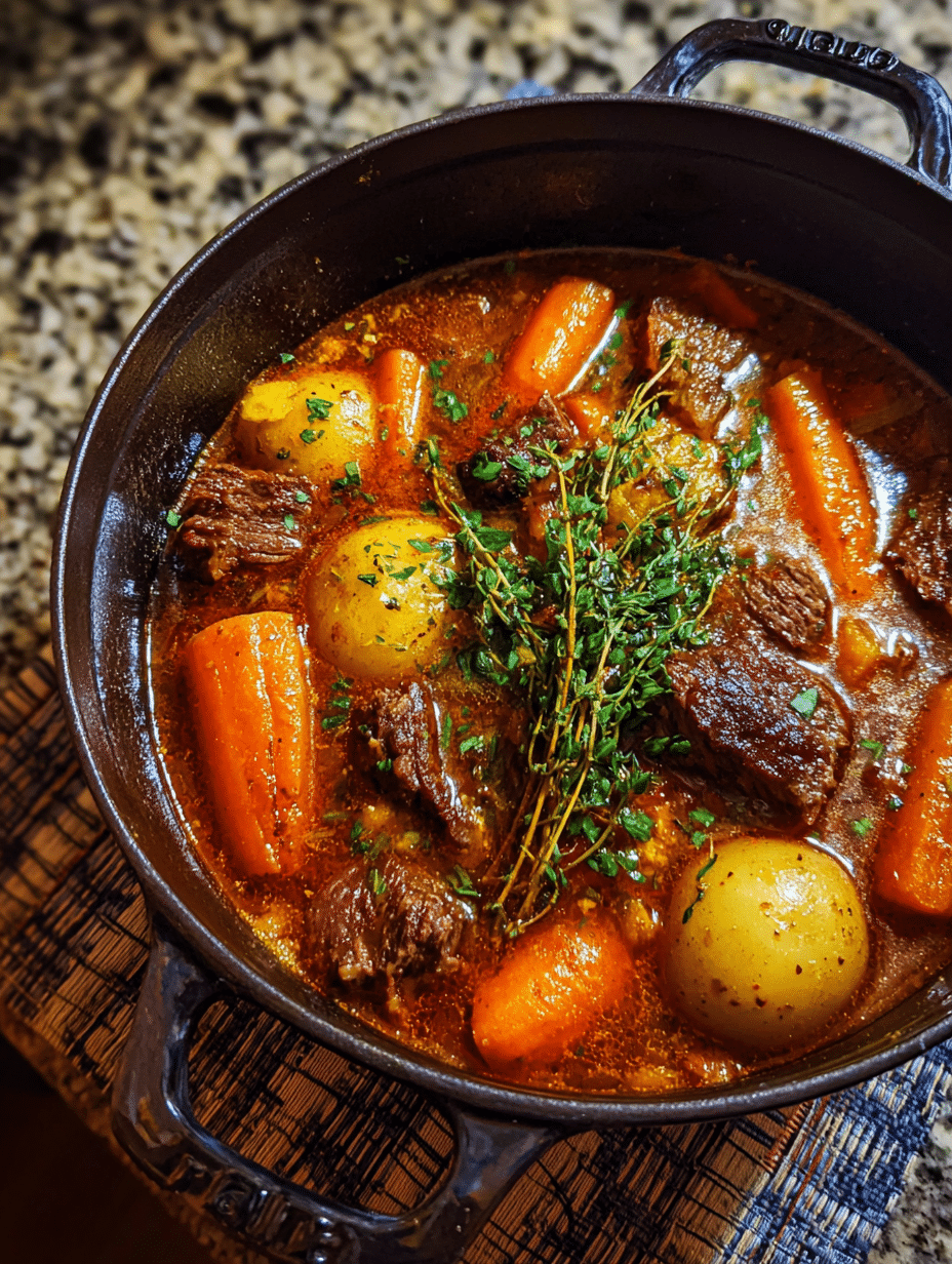 Beef Stew Recipe Beef stew recipe in cast iron pot with carrots and potatoes