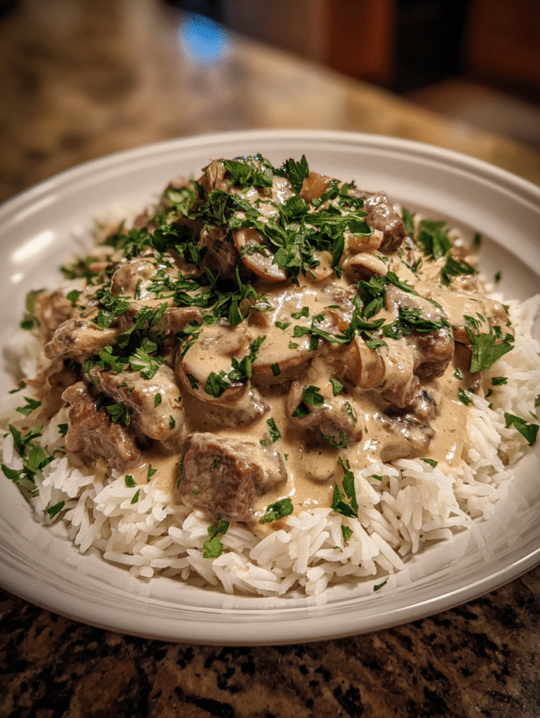 Beef Stroganoff Recipe Beef stroganoff recipe with creamy mushroom sauce over rice