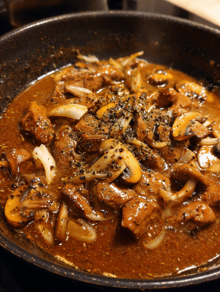 Beef Stroganoff Recipe beef stroganoff recipe sauce simmering in pan