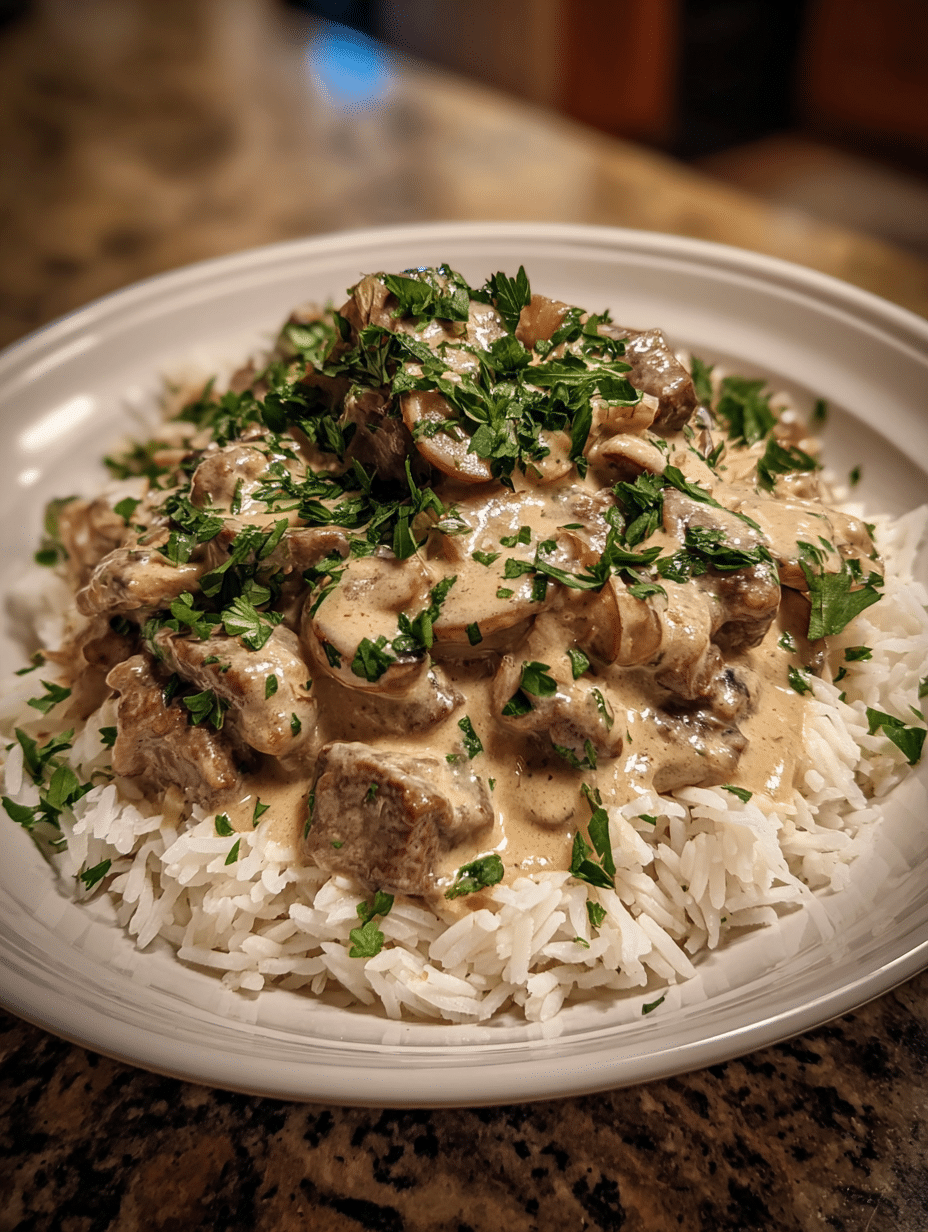 Beef Stroganoff Recipe Beef stroganoff recipe with creamy mushroom sauce over rice
