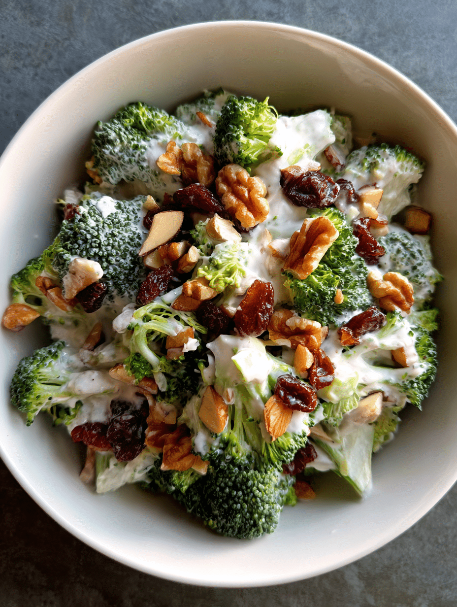 Broccoli salad recipe with creamy dressing, walnuts, almonds, and dried cranberries.