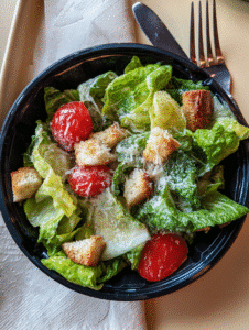 Caesar salad recipe with romaine lettuce, croutons, cherry tomatoes, and grated Parmesan cheese.