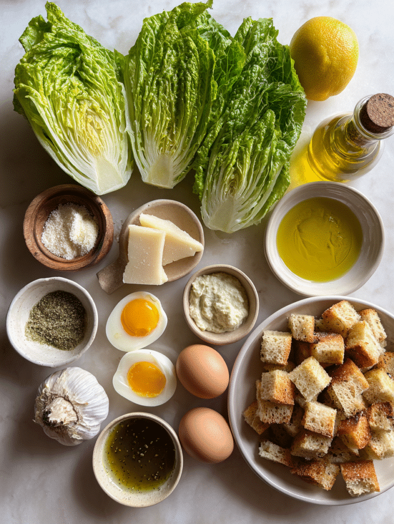 Flat lay of Caesar salad ingredients on a marble surface: romaine hearts, garlic, lemon, Parmesan wedge, anchovy paste, olive oil, Dijon mustard, egg yolks, and homemade sourdough croutons.