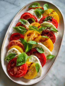 Caprese salad recipe with heirloom tomatoes, mozzarella, basil leaves, and olive oil on a white plate.