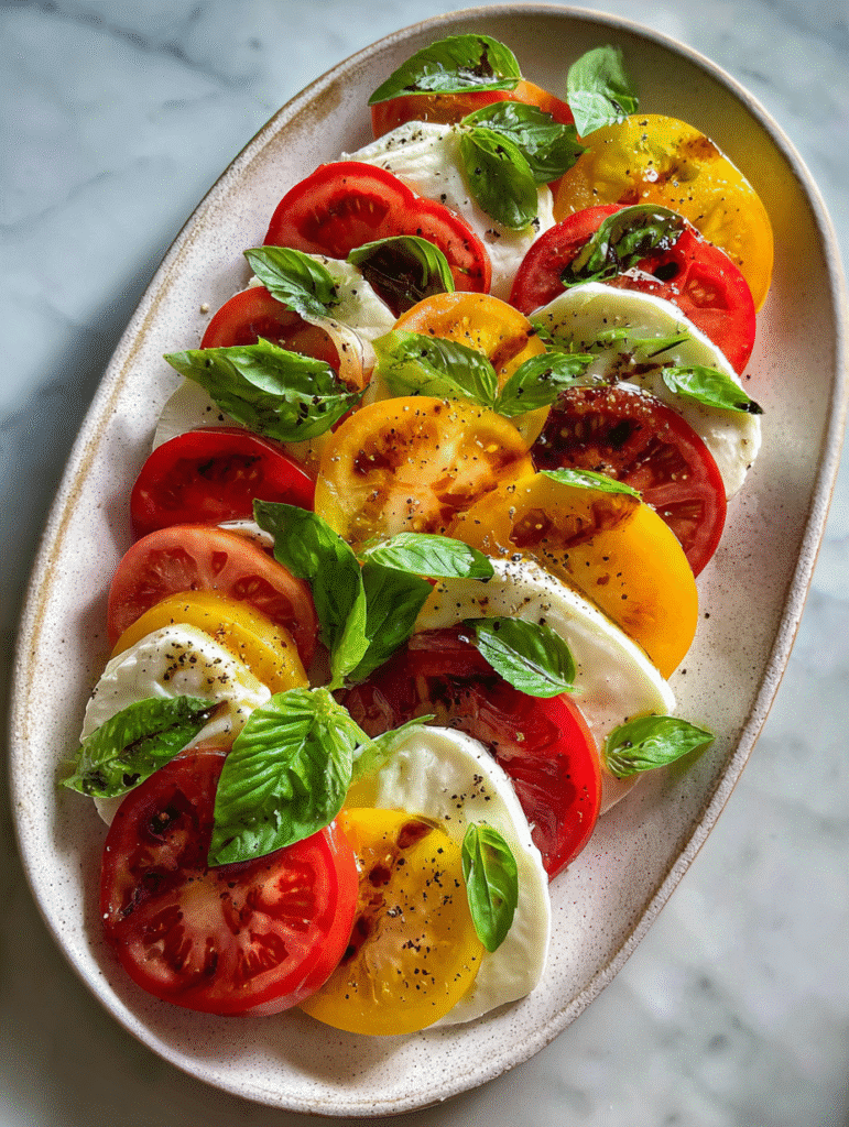 Caprese salad recipe with heirloom tomatoes, mozzarella, basil leaves, and olive oil on a white plate.