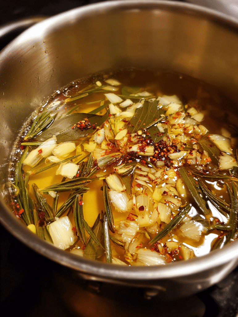 Chicken Noodle Soup Recipe Aromatics sizzling in olive oil as the base of the chicken noodle soup recipe develops rich, savory flavor.