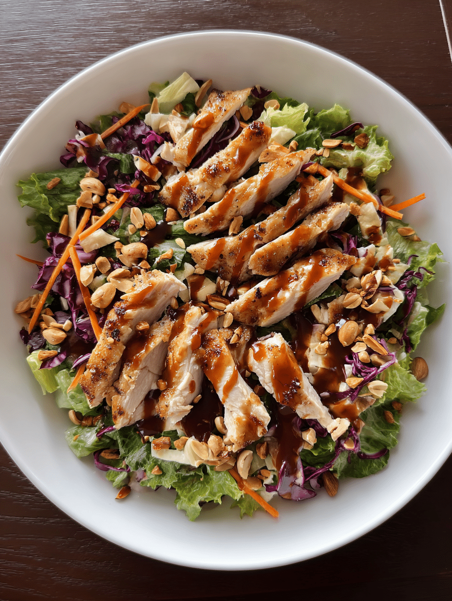 Chicken salad recipes with grilled chicken, lettuce, cabbage, carrots, and crunchy peanuts.