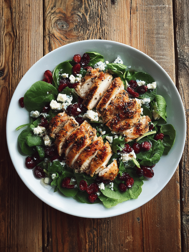 Chicken Salad Recipes Chicken salad with cranberries, spinach, feta cheese, and grilled chicken slices on a rustic wooden table.