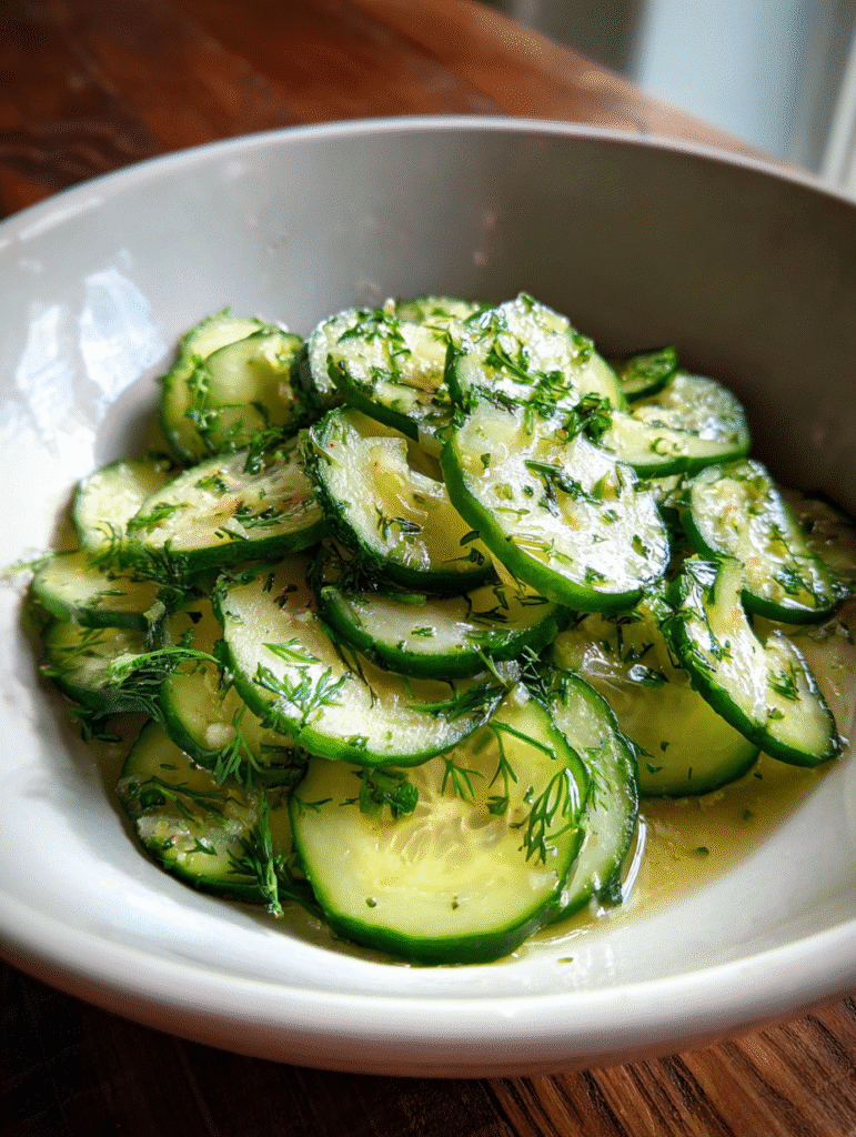 Cucumber Salad Recipe Cucumber salad with fresh dill and vinaigrette dressing in a white bowl.