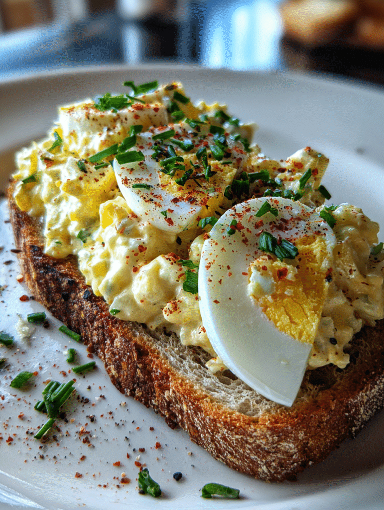 Egg Salad Recipe Egg salad sandwich with creamy egg filling, sliced boiled eggs, and chives on toasted bread.