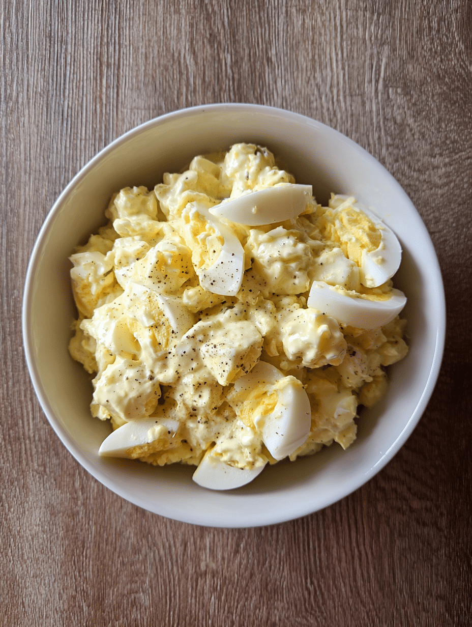 Egg Salad Recipe Egg salad recipe with chopped eggs, creamy mayonnaise dressing, and black pepper in a white bowl.