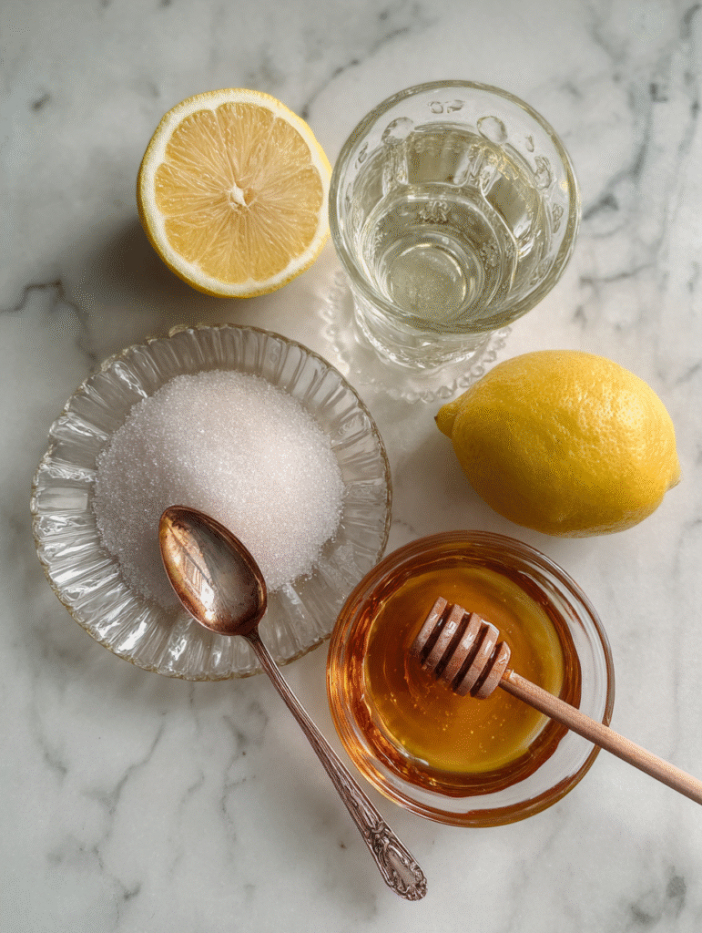 Gelatin Trick for Weight Loss gelatin trick for weight loss ingredients flat lay lemon vinegar honey