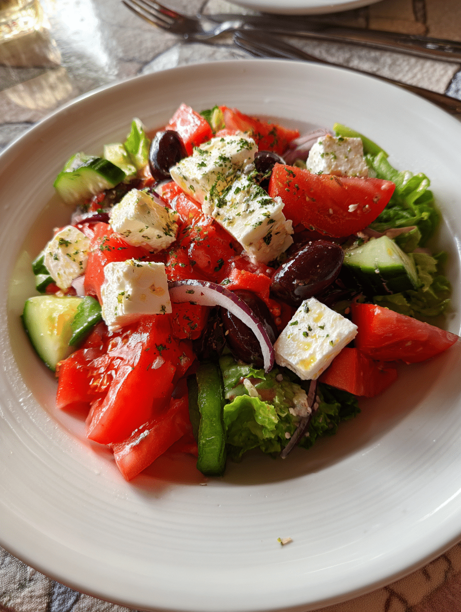 Greek salad recipe with feta cheese, tomatoes, cucumbers, olives, and red onions in a white bowl.