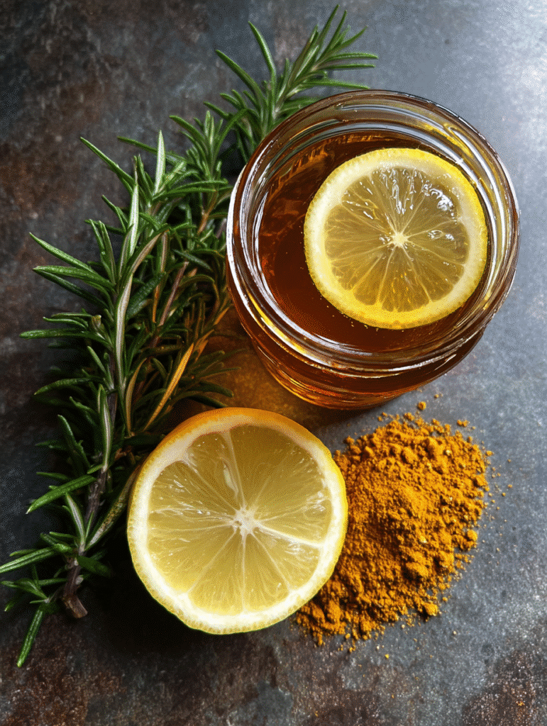 Honey trick recipe for memory loss with honey, turmeric, and rosemary in sunlight