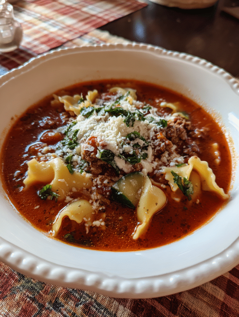 Lasagna soup recipe served in a white bowl with cheese and fresh herbs