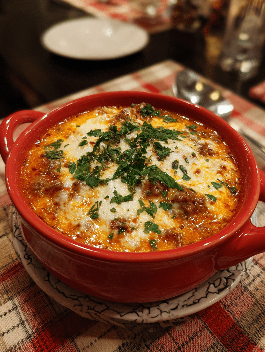 Lasagna soup recipe with melted cheese and herbs in a red bowl