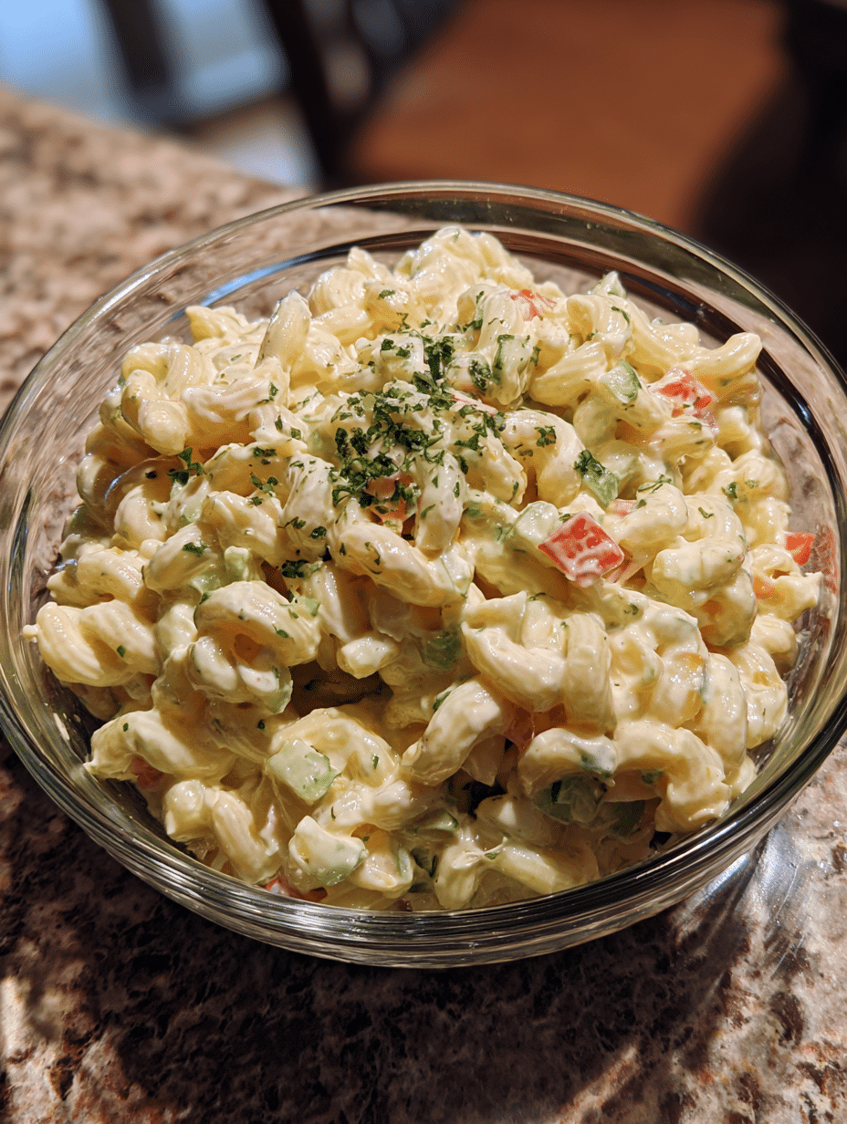 Macaroni salad recipe with creamy dressing, diced vegetables, and fresh parsley in a glass bowl.
