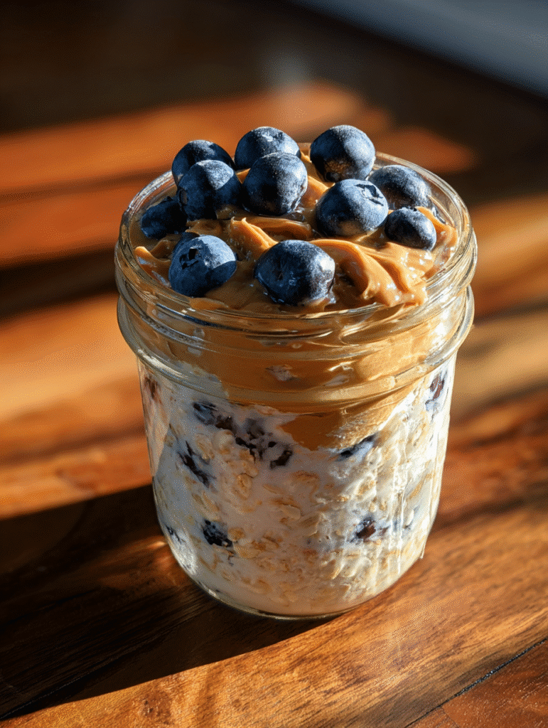 Overnight oats recipe served in mason jar on wooden table