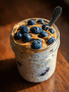 Overnight oats recipe with blueberries and peanut butter in a glass jar