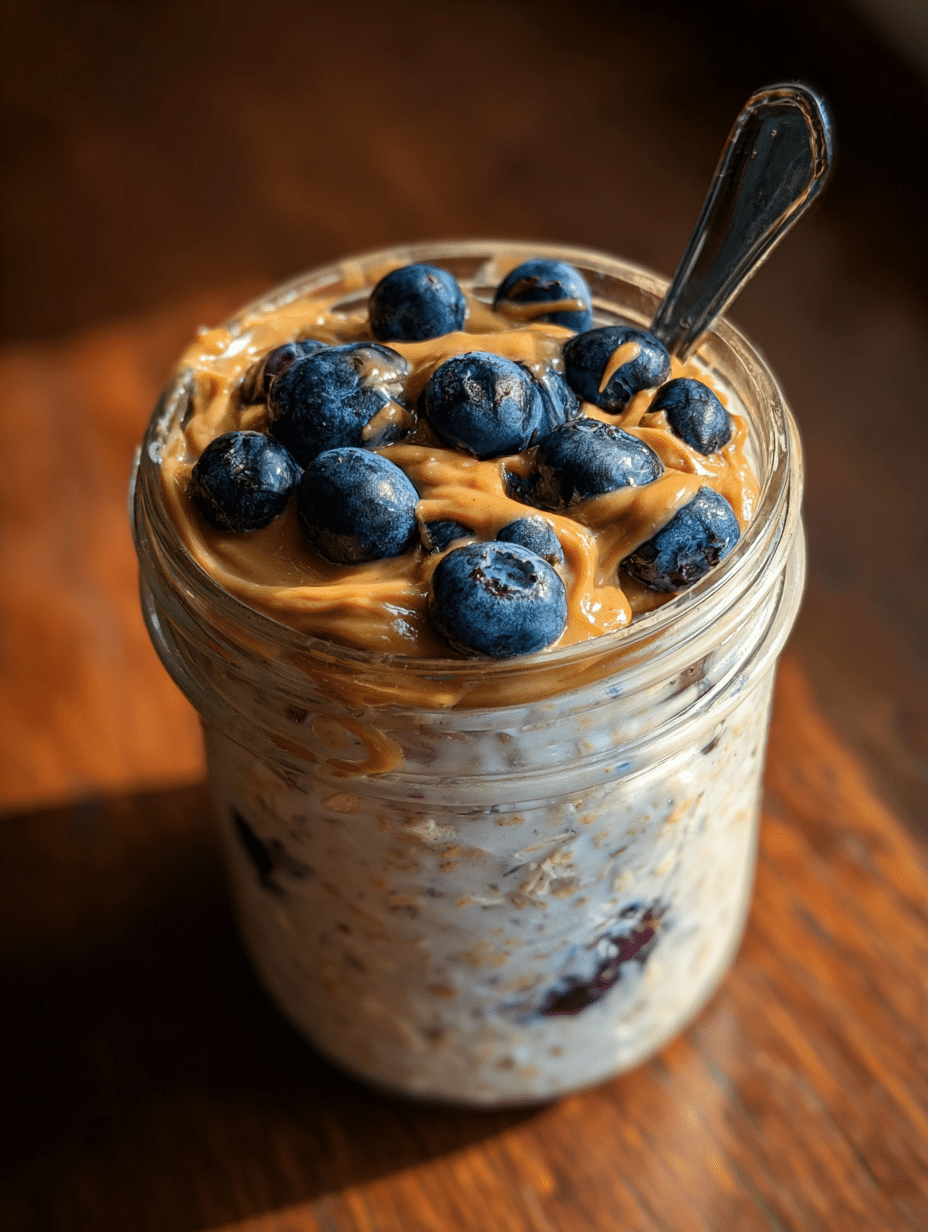 Overnight oats recipe with blueberries and peanut butter in a glass jar