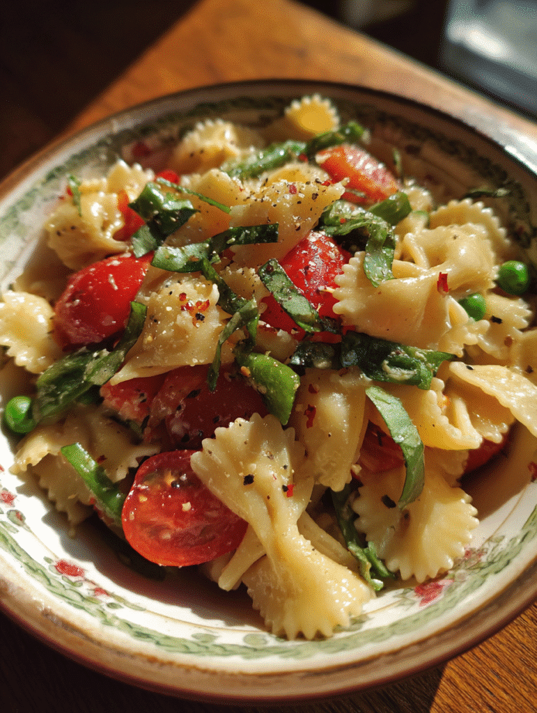 Pasta salad recipes with bowtie pasta, cherry tomatoes, peas, and fresh basil