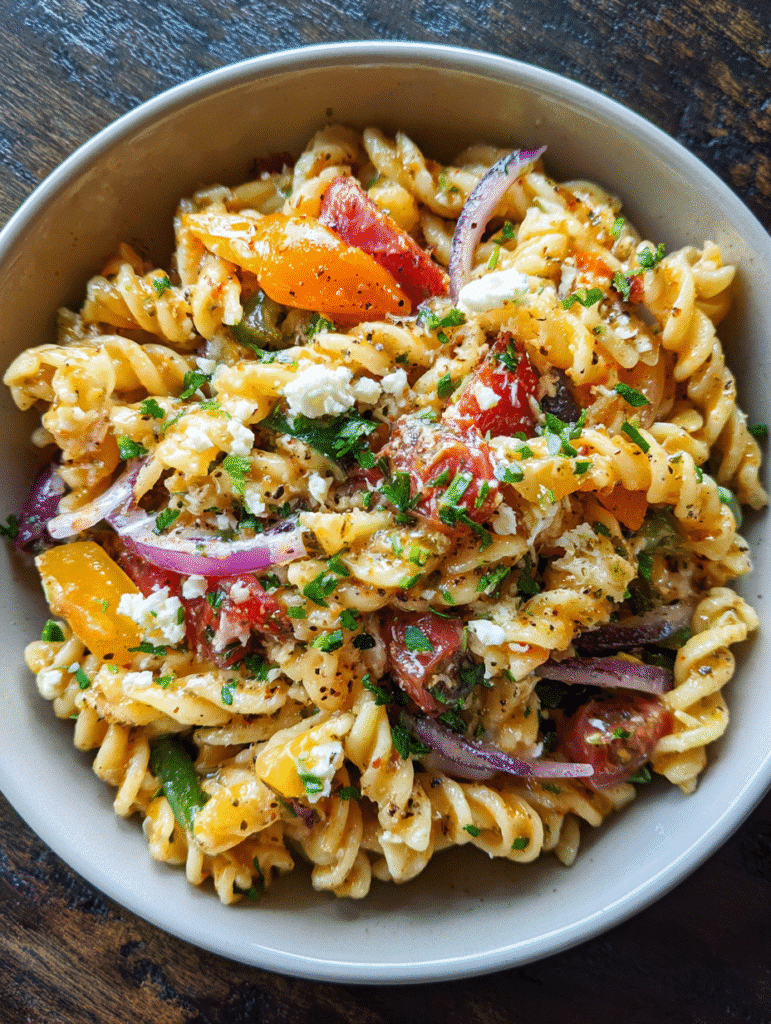 Pasta salad dressing with fresh rotini, colorful peppers, red onions, and feta cheese.