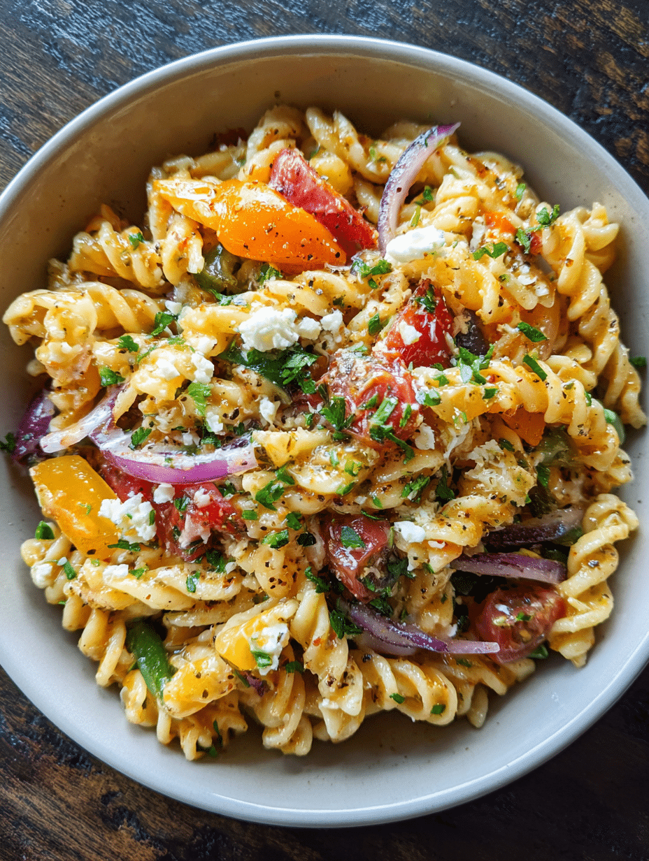 Pasta Salad Dressing Pasta salad dressing with fresh rotini, colorful peppers, red onions, and feta cheese.