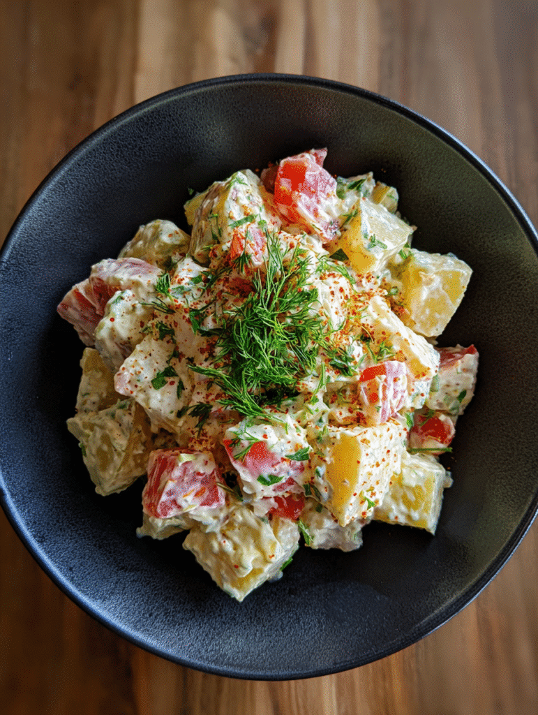 Potato salad recipes with creamy dressing, fresh dill, and colorful vegetables in a black bowl.