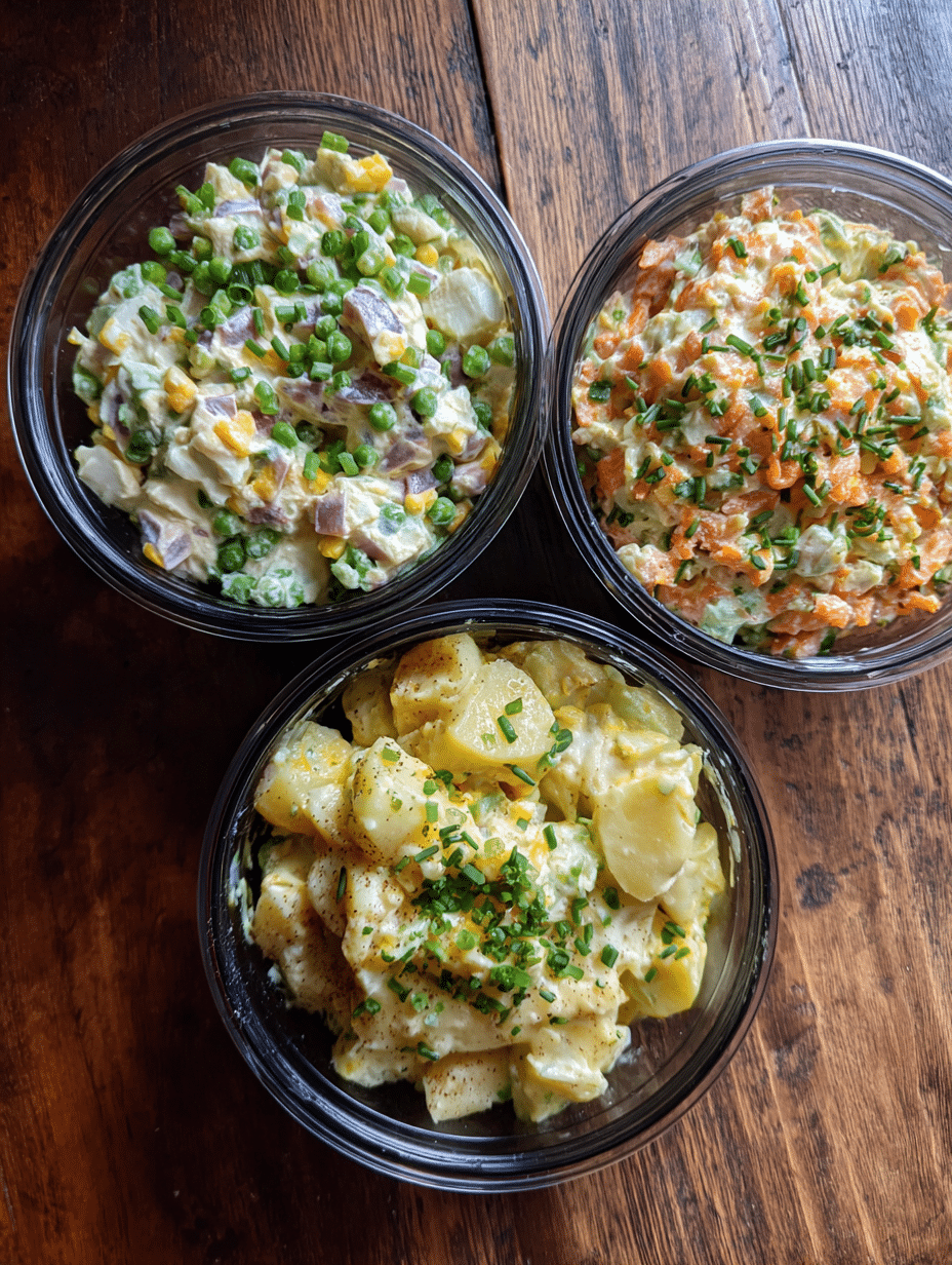 Salad recipes assortment with potato salads and mixed greens on wooden table