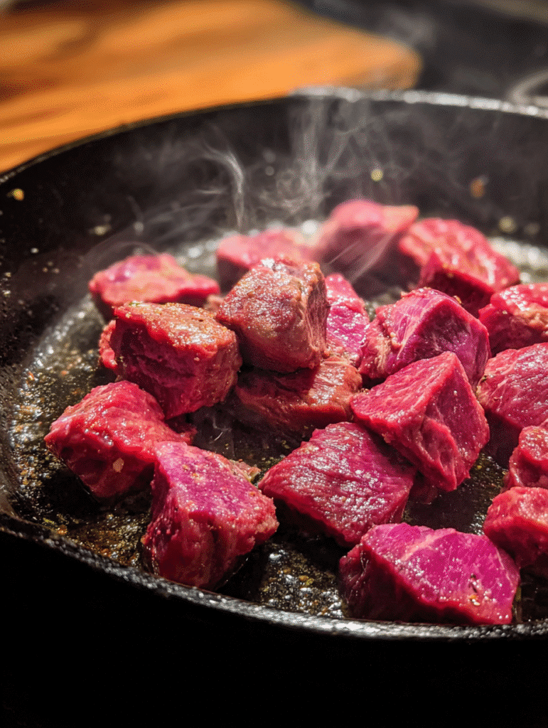 Beef Stew Slow Cooker Recipe Searing beef cubes in a cast iron skillet before adding to the crockpot