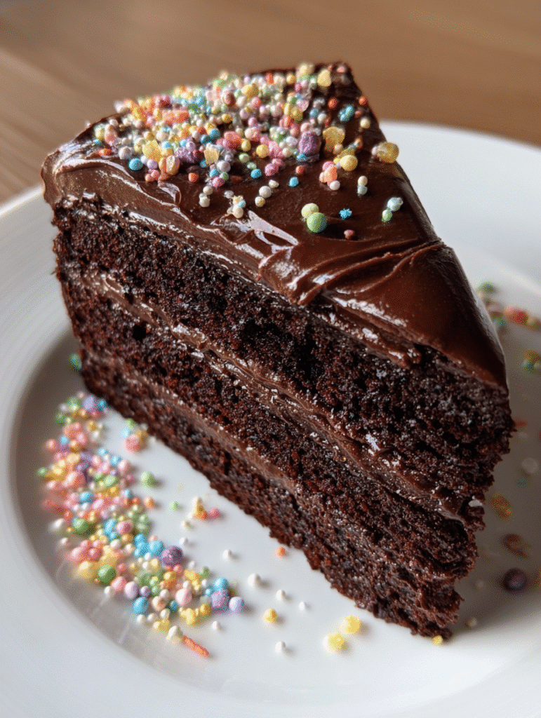 Vegan birthday cake recipe slice with rich chocolate frosting and colorful sprinkles on white plate