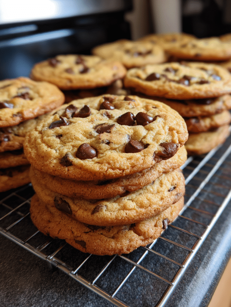 Brown butter chocolate chip cookie recipe featured image with stack of golden cookies and melted chocolate