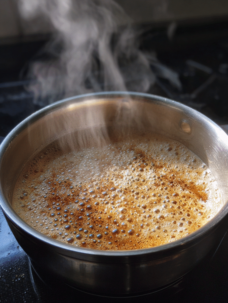Brown butter chocolate chip cookie recipe step showing butter browning with golden specks