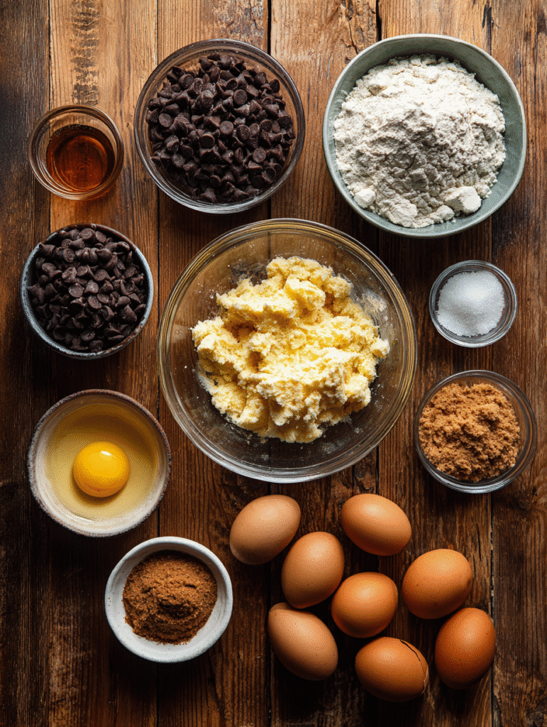 Brown butter chocolate chip cookie recipe ingredients laid out in baking bowls with chocolate chips and golden butter