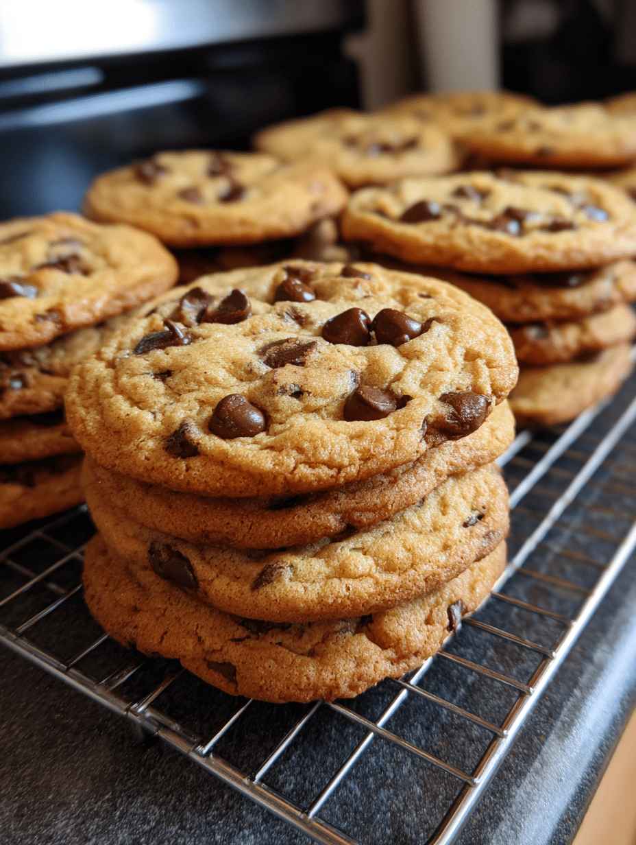 Brown butter chocolate chip cookie recipe featured image with stack of golden cookies and melted chocolate