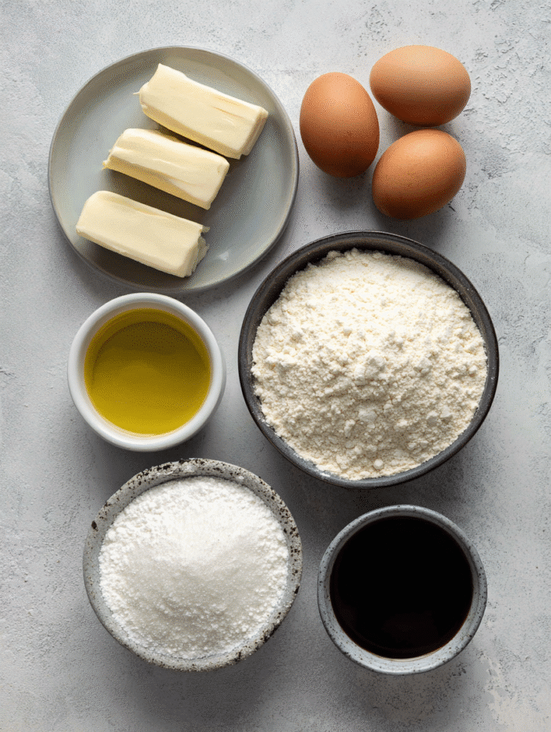 Cake mix cookies ingredients laid on white counter in prep bowls