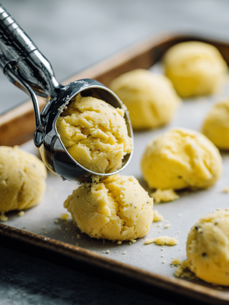 Scooping cake mix cookies dough onto parchment baking sheet