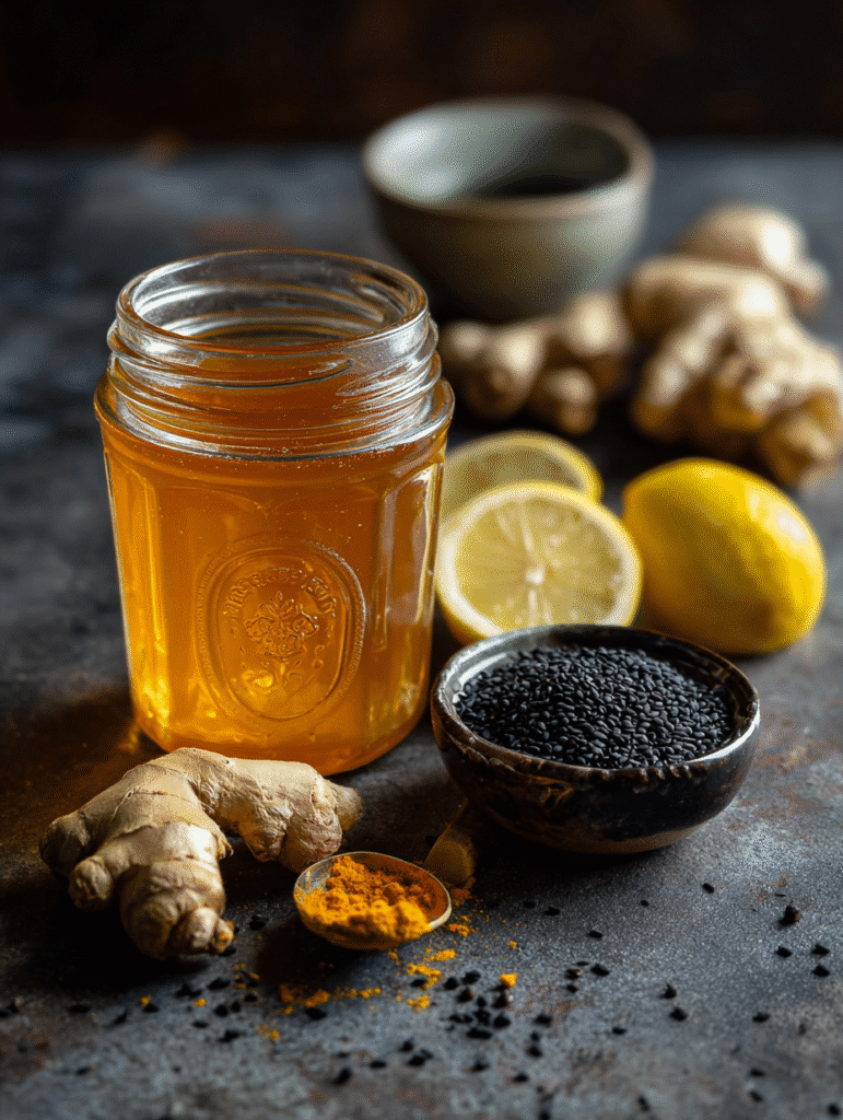 Canaan honey trick for eyes jar on rustic table with herbs