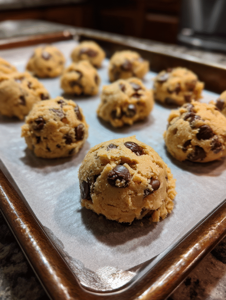 Easy Chocolate Chip Cookie Recipe Chocolate chip cookie dough being scooped onto tray before baking soft cookies