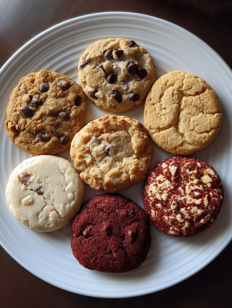 Easy cookie recipes with chocolate chips, sugar, and oatmeal on a white plate