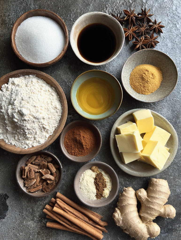 Easy Gingerbread Cookie Recipe gingerbread cookie recipe ingredients flat lay spices molasses