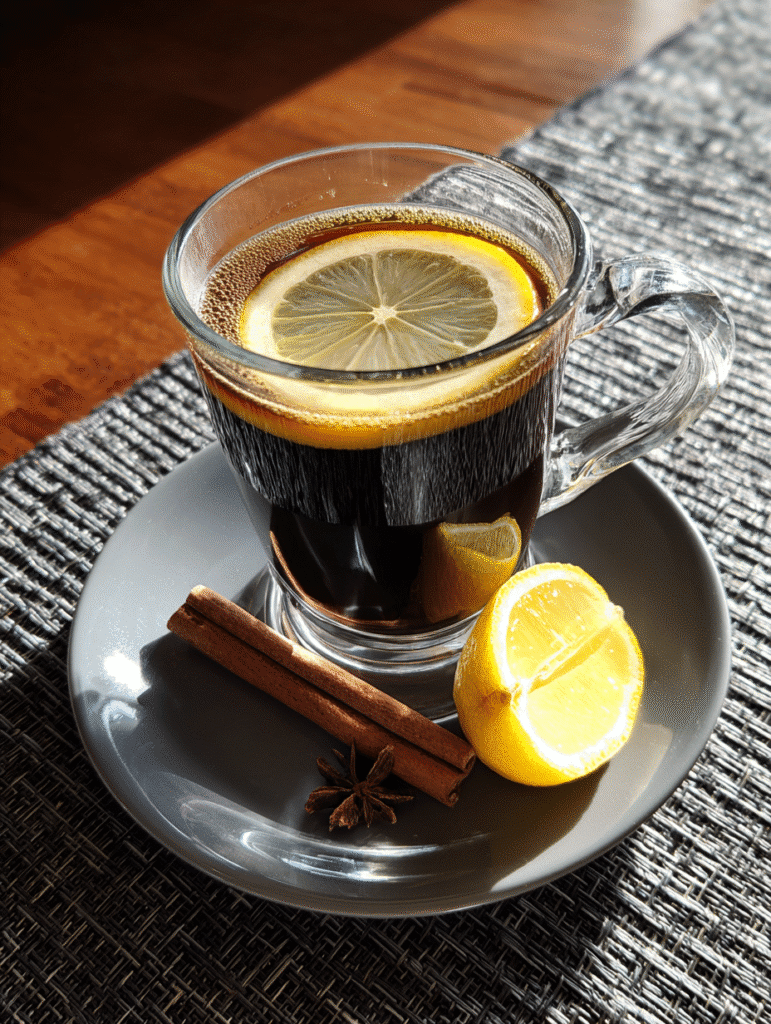Jillian Michaels coffee trick recipe in a clear mug with lemon slice and cinnamon stick