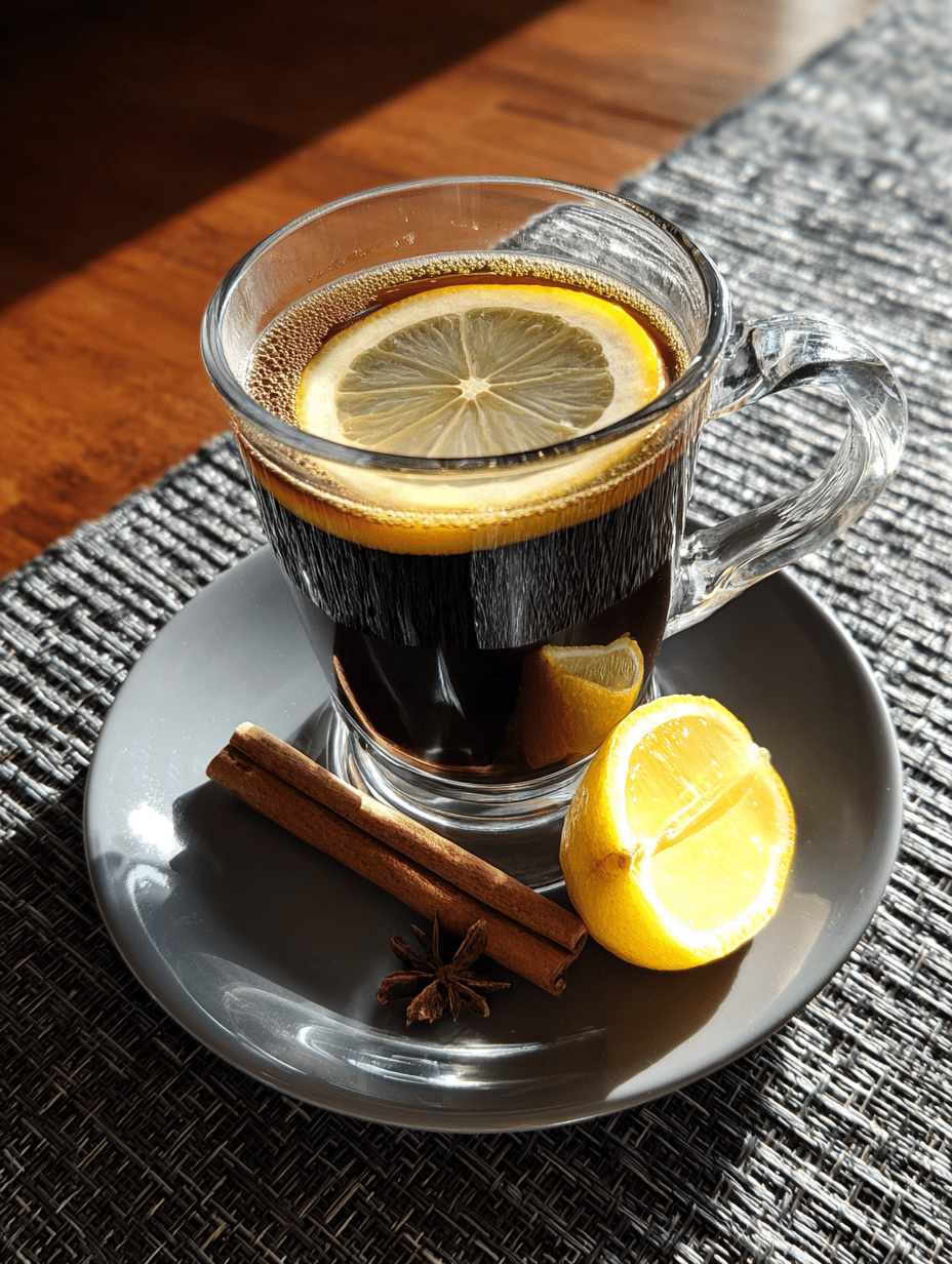 Jillian Michaels coffee trick recipe in a clear mug with lemon slice and cinnamon stick