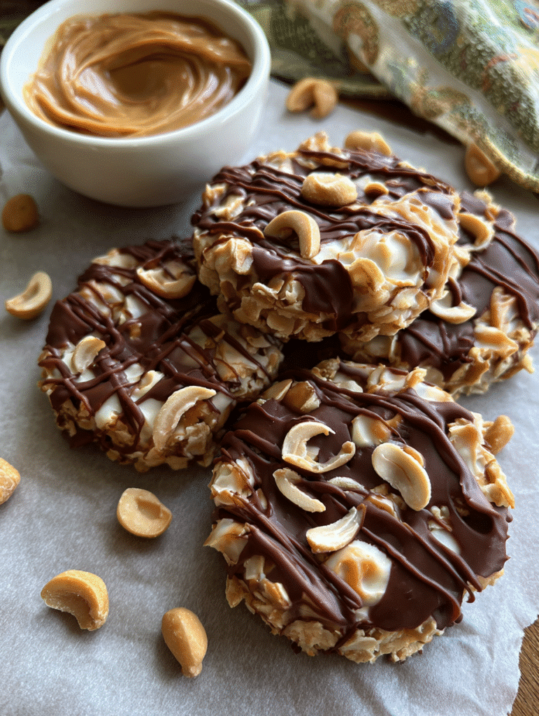 No bake cookies recipe on parchment with chocolate and peanut butter swirl texture