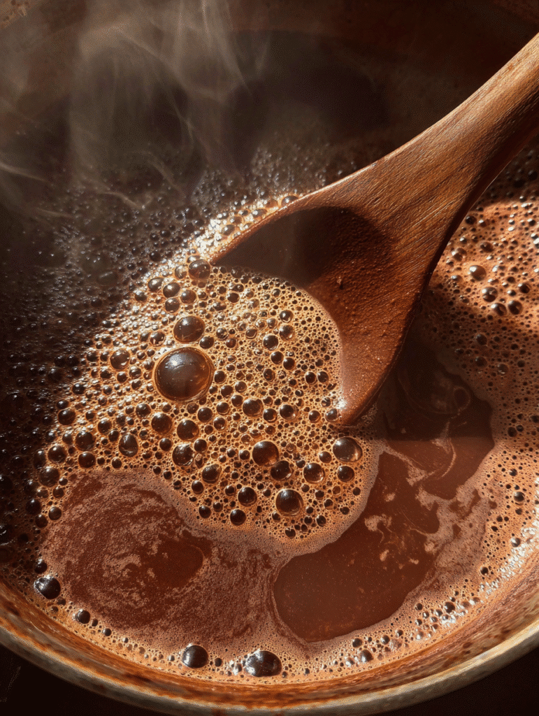Boiling chocolate mixture for no bake cookies recipe with bubbling texture