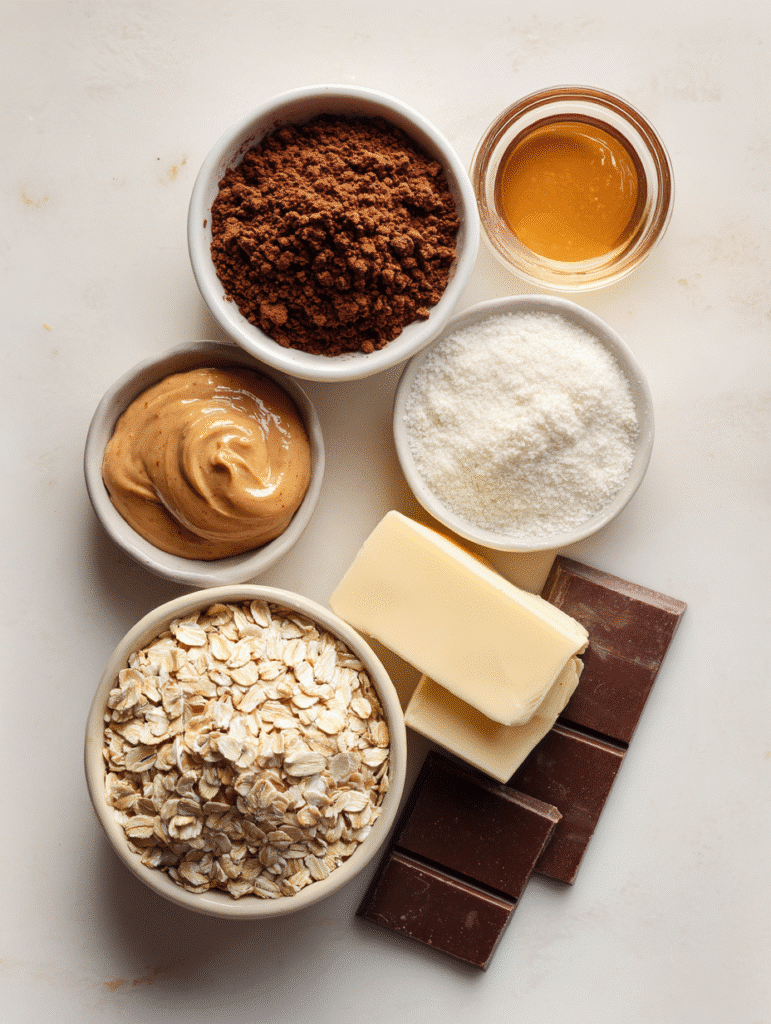No bake cookies recipe ingredients laid out in bowls on a rustic wood surface