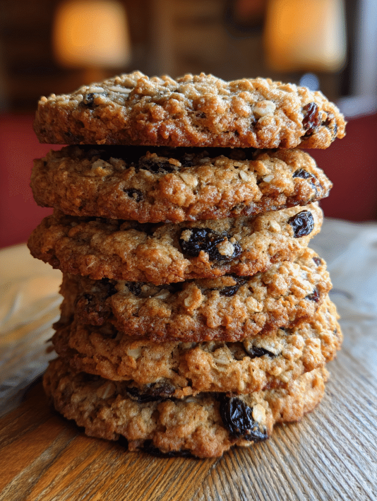 oatmeal raisin cookies stacked on wooden table